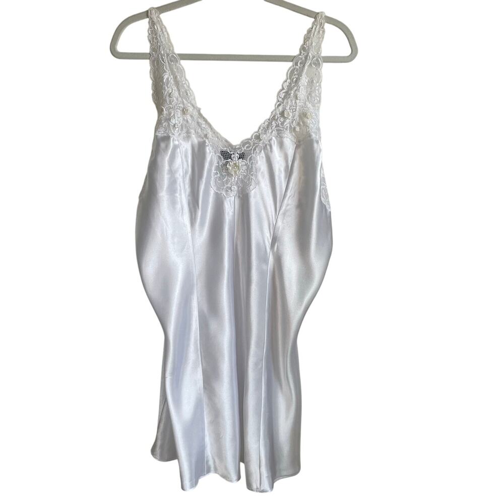 Jolynn White Satin Lace Chemise Sz 1X Lingerie Rosettes Beading Bridal Romantic